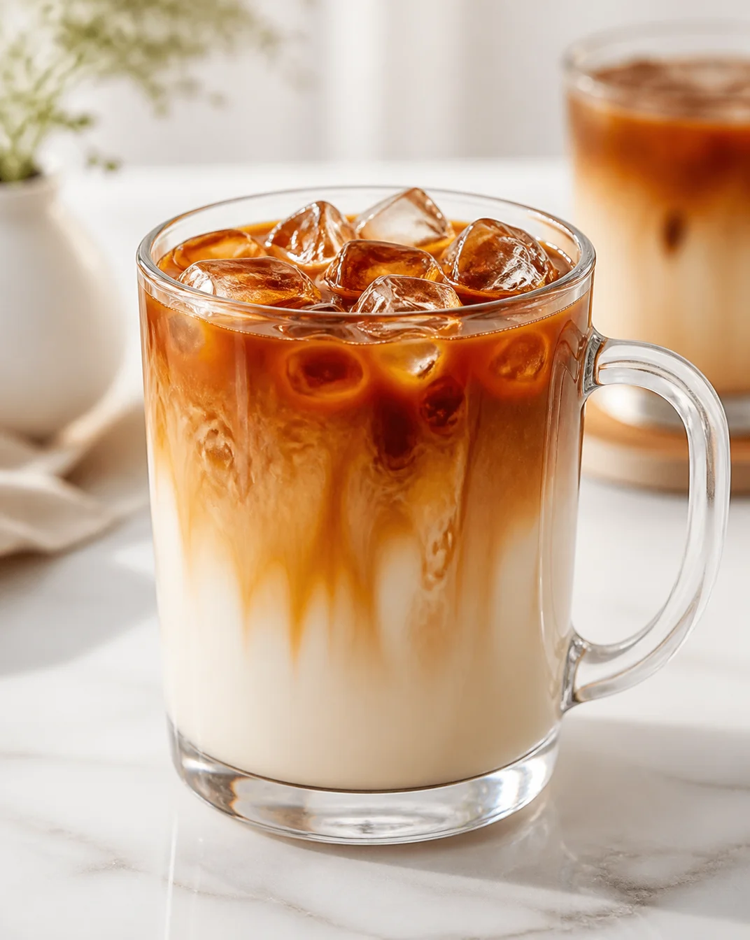 Iced Caramel Macchiato served in a clear glass with caramel drizzle on top