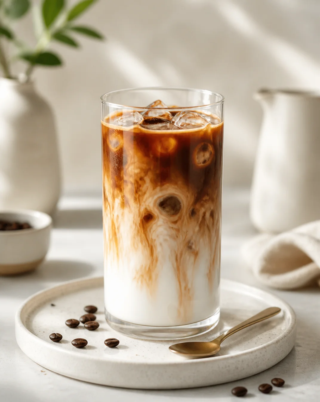 Iced caramel macchiato served in a glass with creamy milk and caramel drizzle.