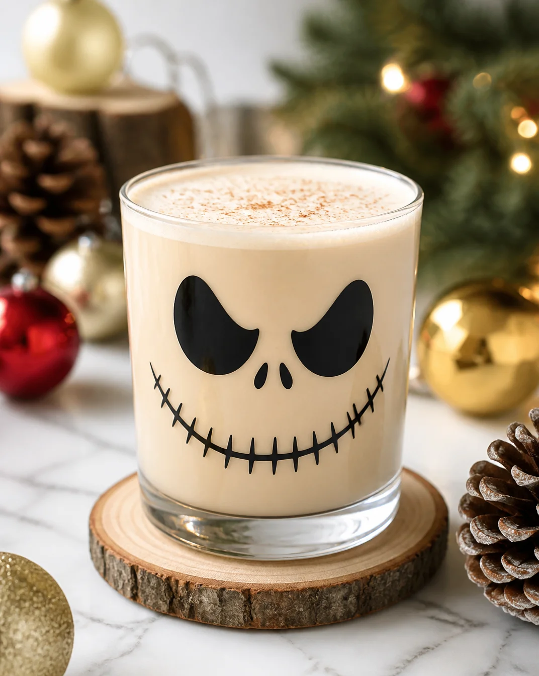 A spooky Jack Skellington cocktail with black and orange hues, perfect for Halloween.