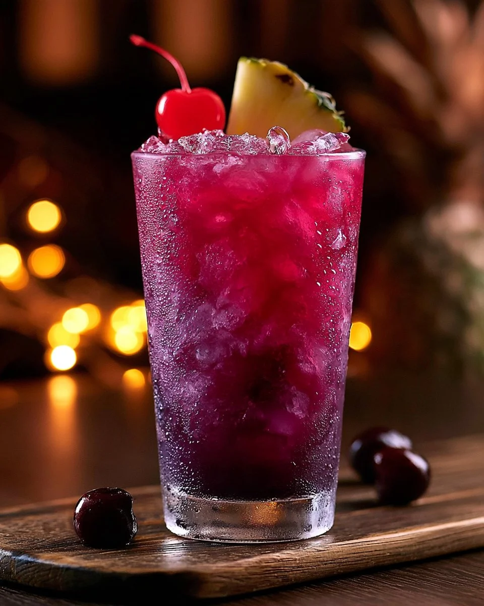 Jamaican Purple Rain Cocktail garnished with fruit, showcasing vibrant colors.