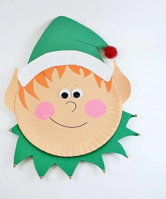 Colorful paper plate elf craft for holiday decorating