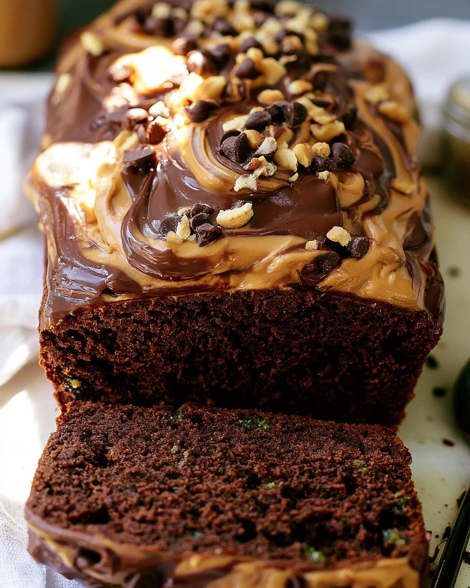 Slice of peanut butter chocolate zucchini bread on a plate