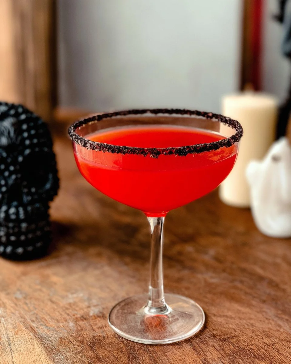 Poison Apple Halloween Cocktail garnished with spider web and apple slices