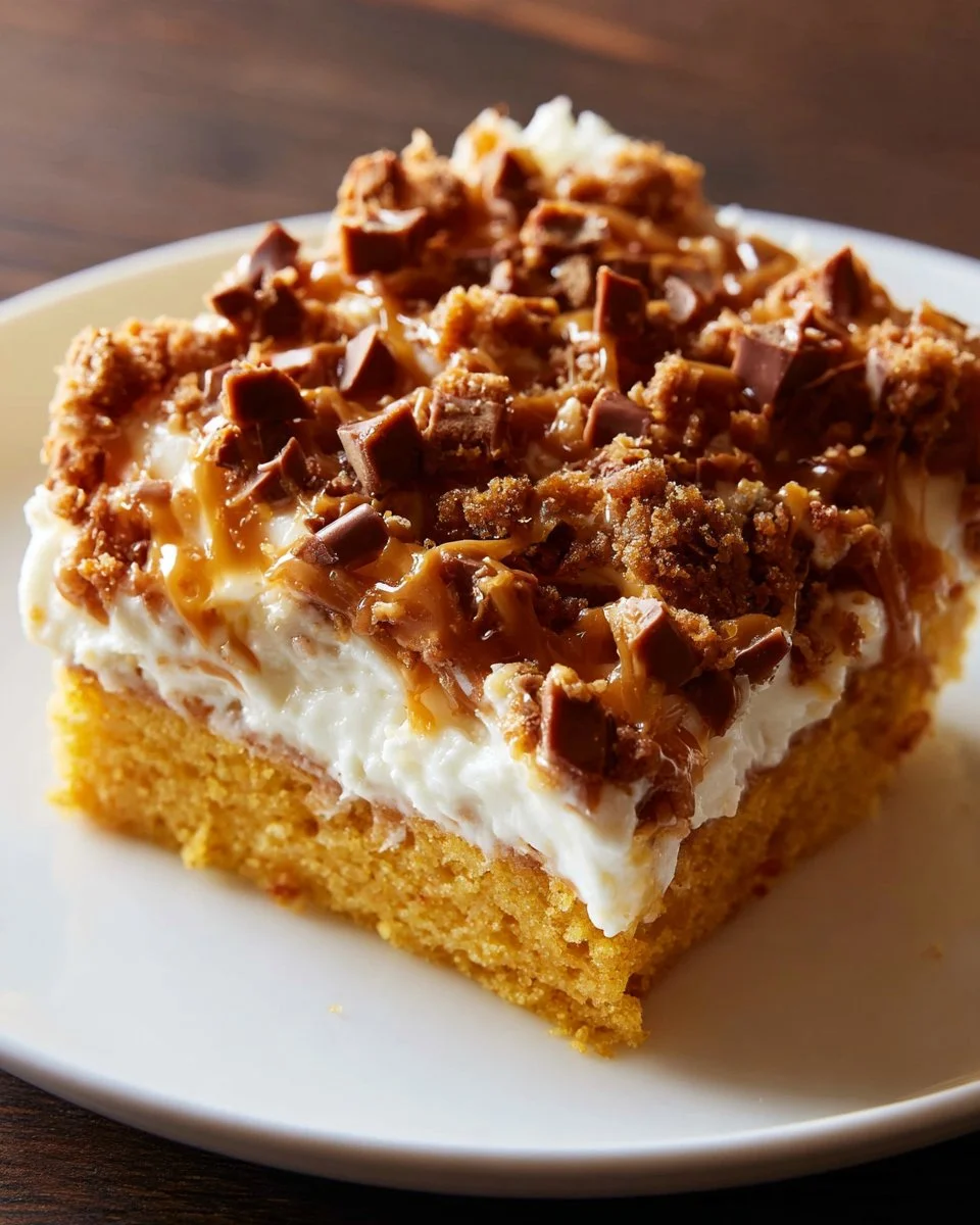 Irresistible Pumpkin Better Than Sex Cake topped with whipped cream and nuts.