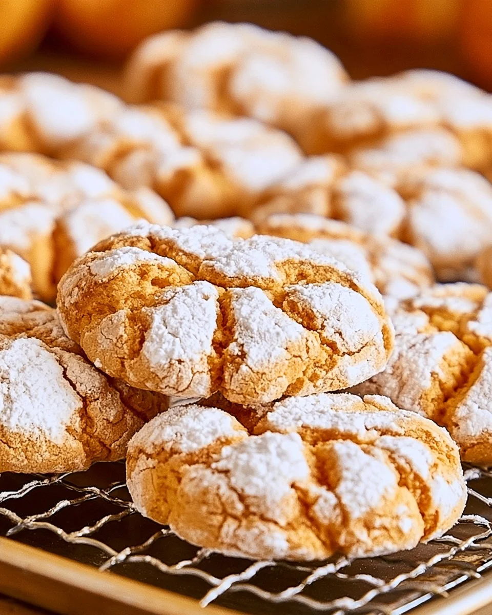 Freshly baked Pumpkin Crinkle Cookies dusted with powdered sugar
