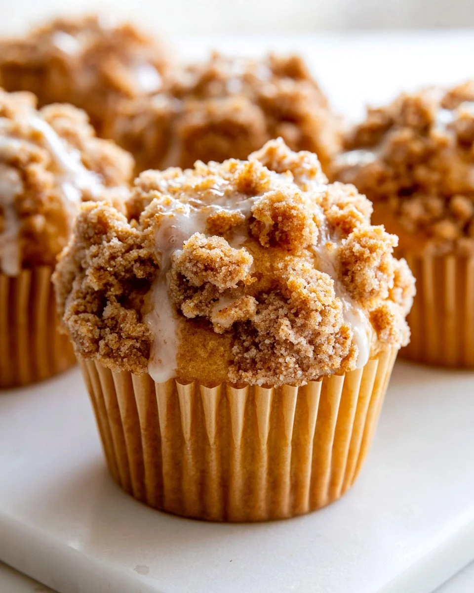 Delicious Pumpkin Crumb Cake Muffins with crumble topping on a rustic table