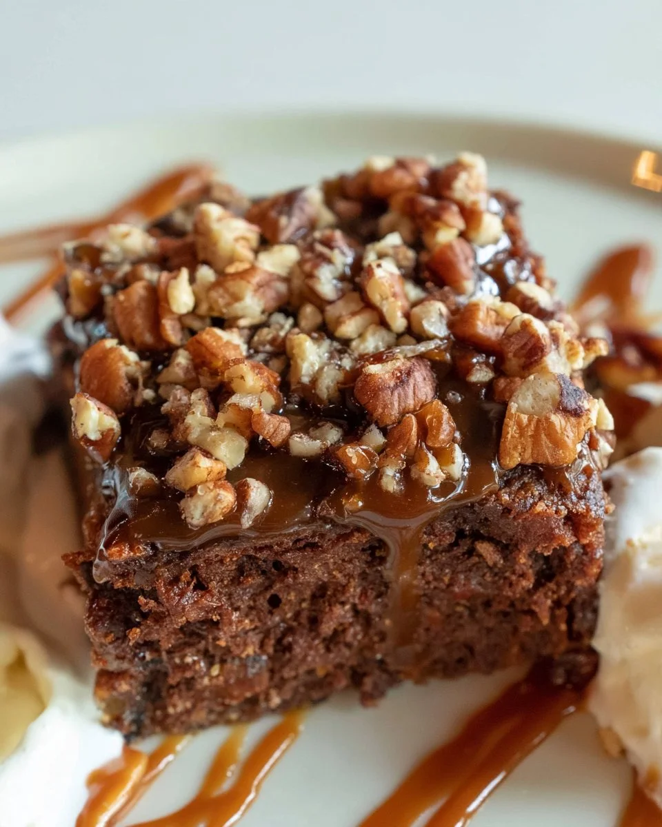 Delicious salted caramel pecan brownies with a rich chocolate layer and caramel drizzle.