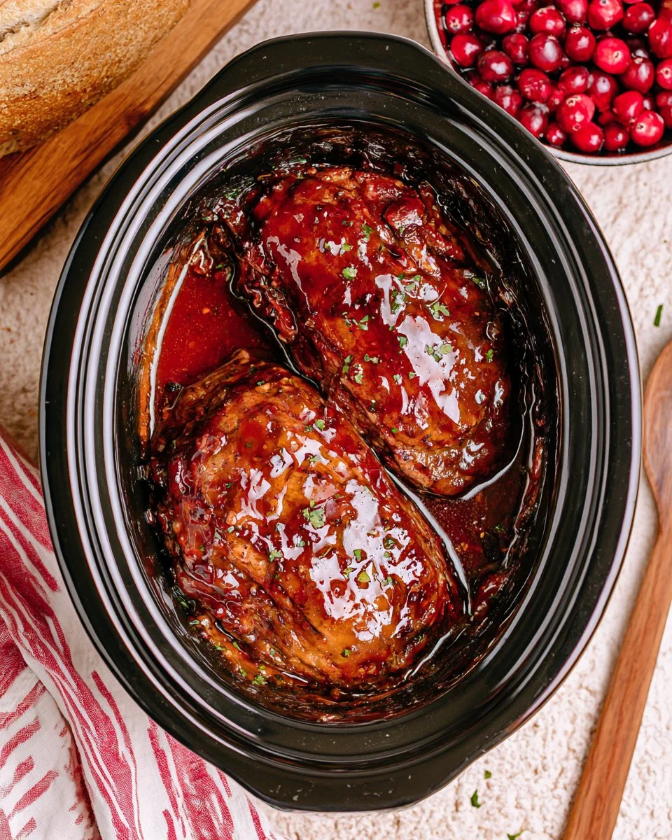 Slow cooker cranberry pork tenderloin served on a plate with garnish.