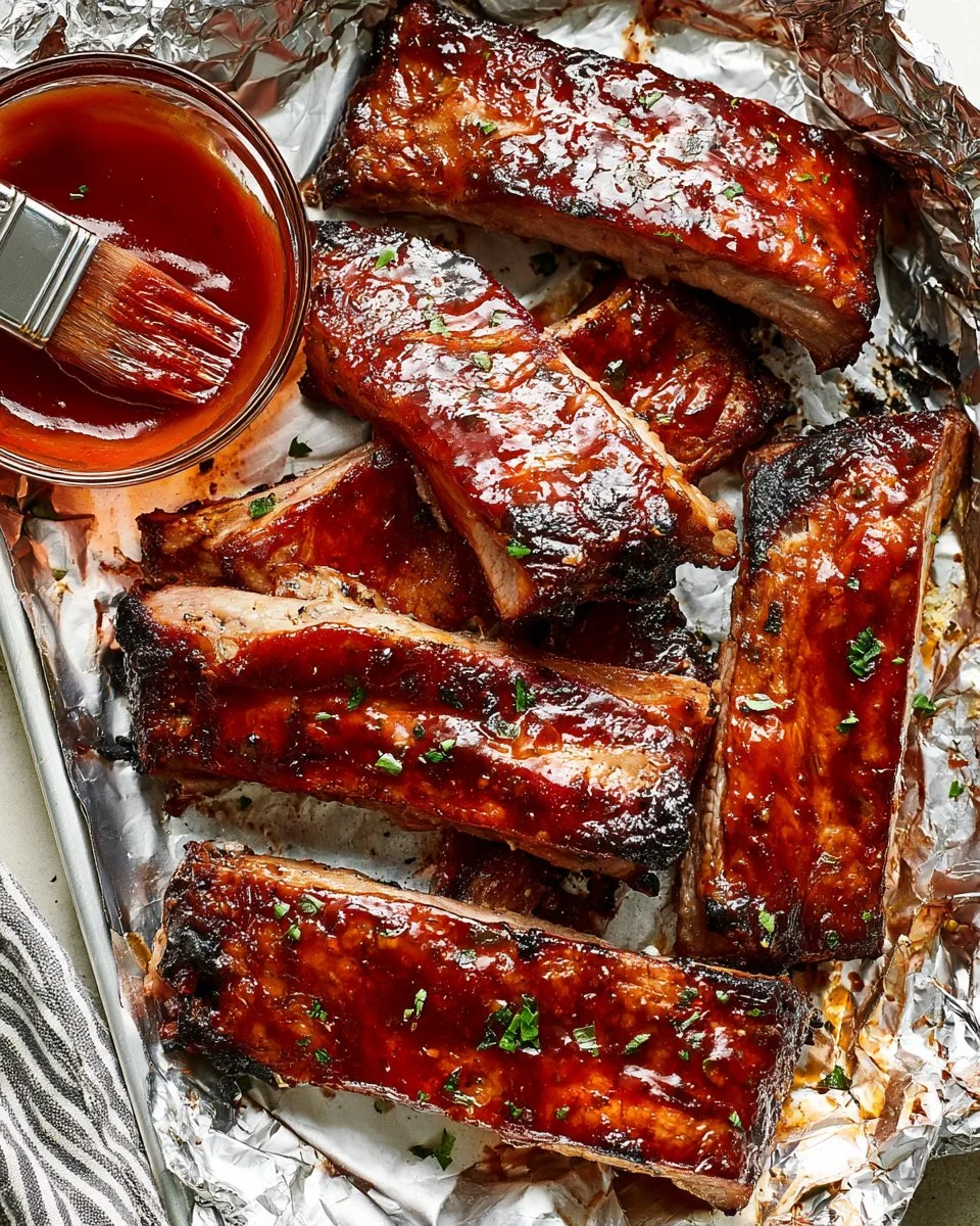 Delicious slow cooker pork ribs that fall off the bone, served on a platter.