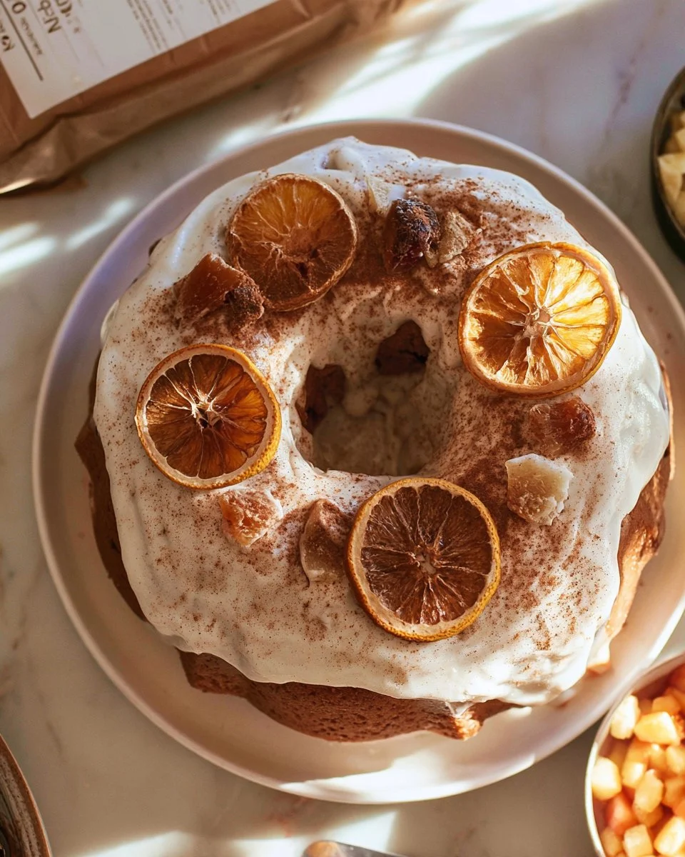 Spiced coconut tea cake served on a plate with a cup of tea