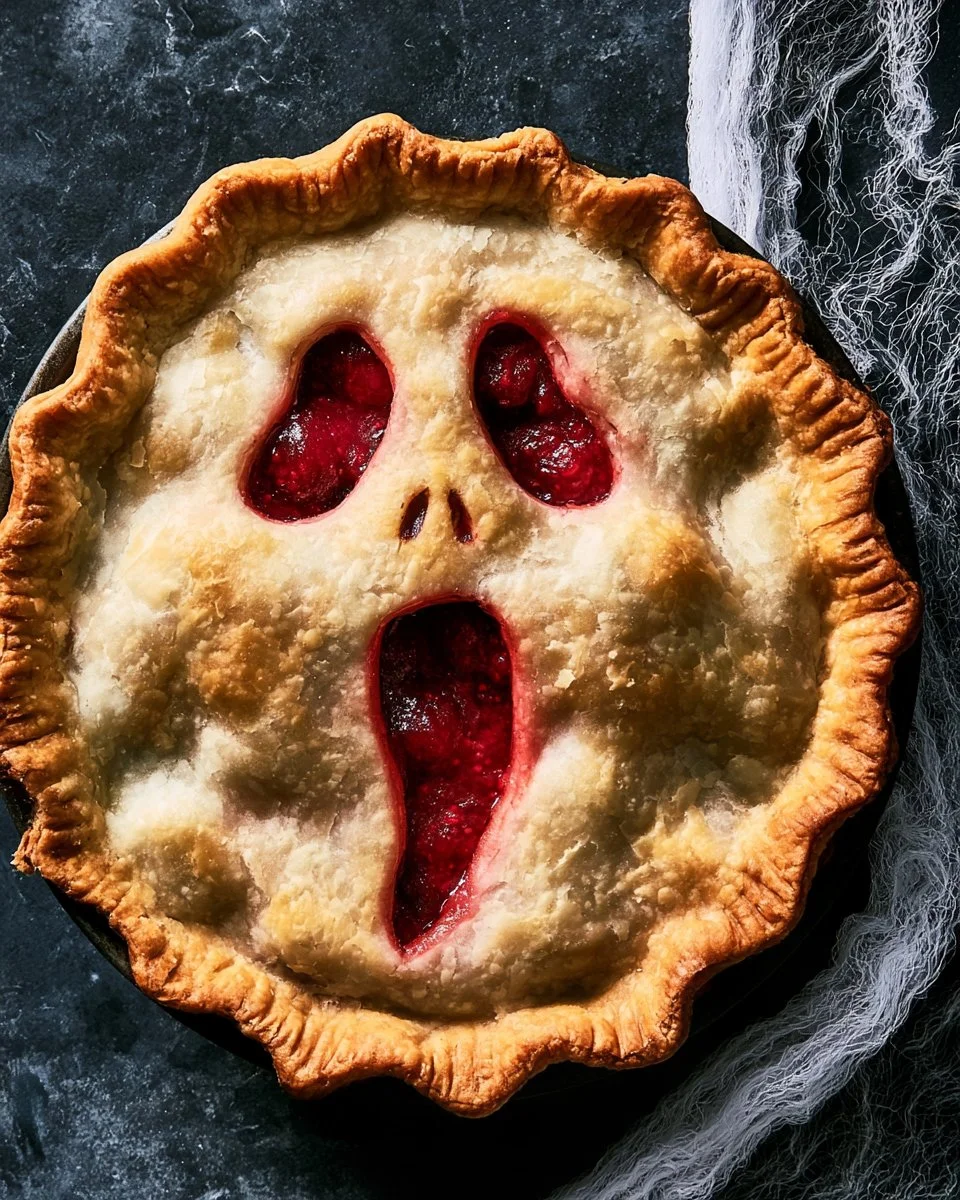 Spooky Halloween Scream Raspberry Pie topped with ghostly decorations