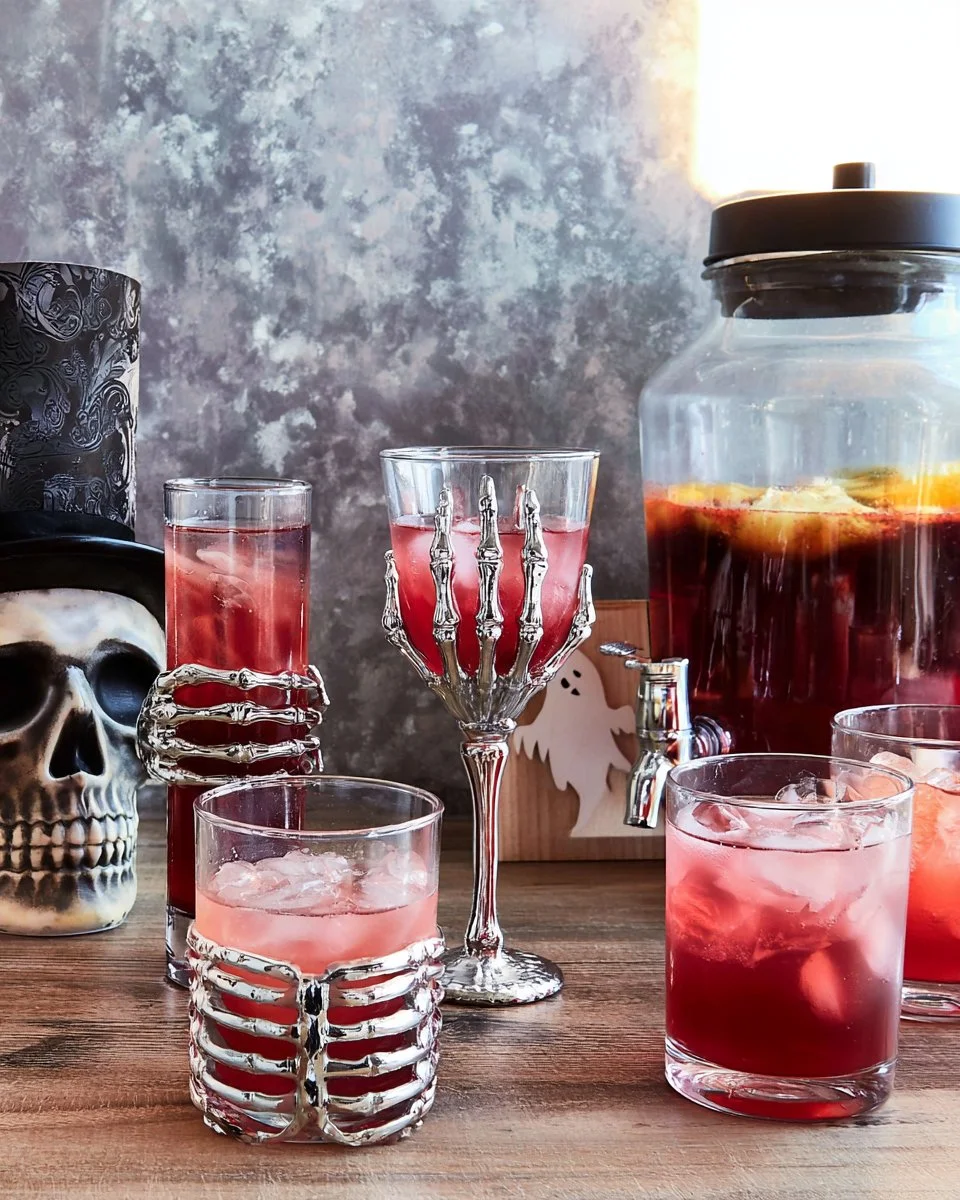 A glass of Vampire Blood Sangria with spooky garnishes for Halloween events.
