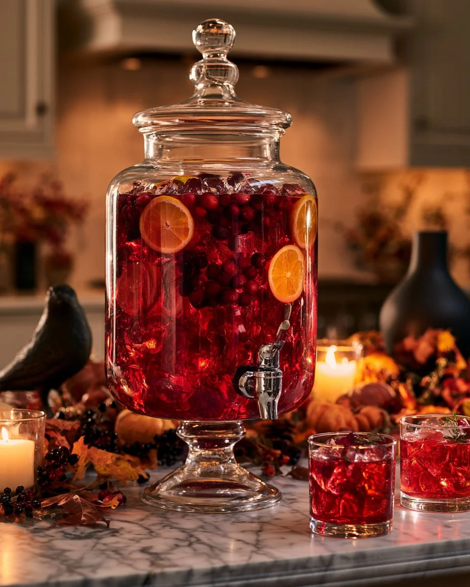 Vampire’s Kiss Punch cocktail served in a spooky Halloween setting