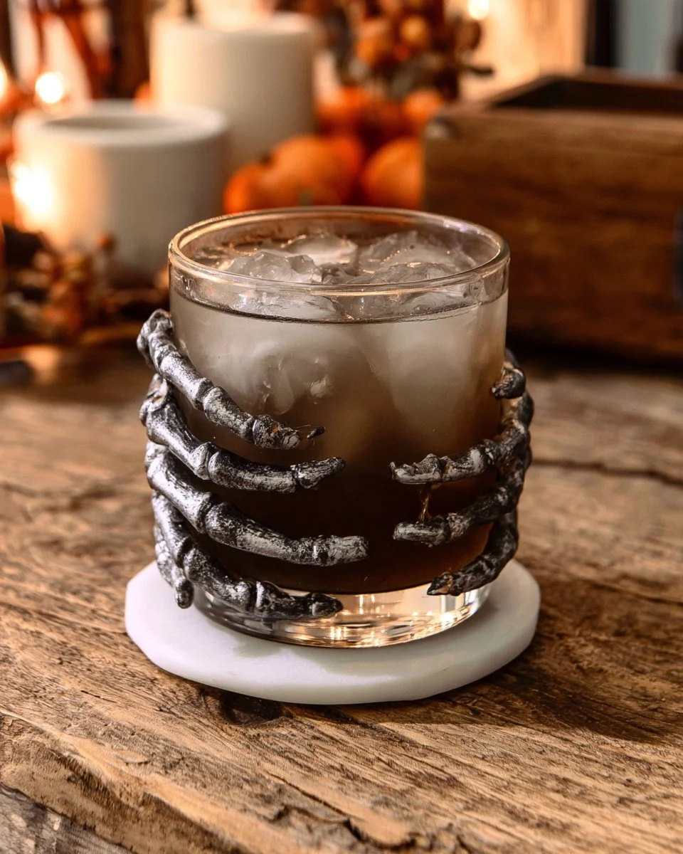 Halloween Witches Brew cocktail in a spooky glass, perfect for Halloween parties.