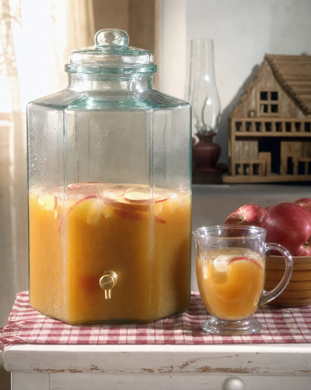 Delicious apple pie punch in a glass garnished with cinnamon sticks and apples.