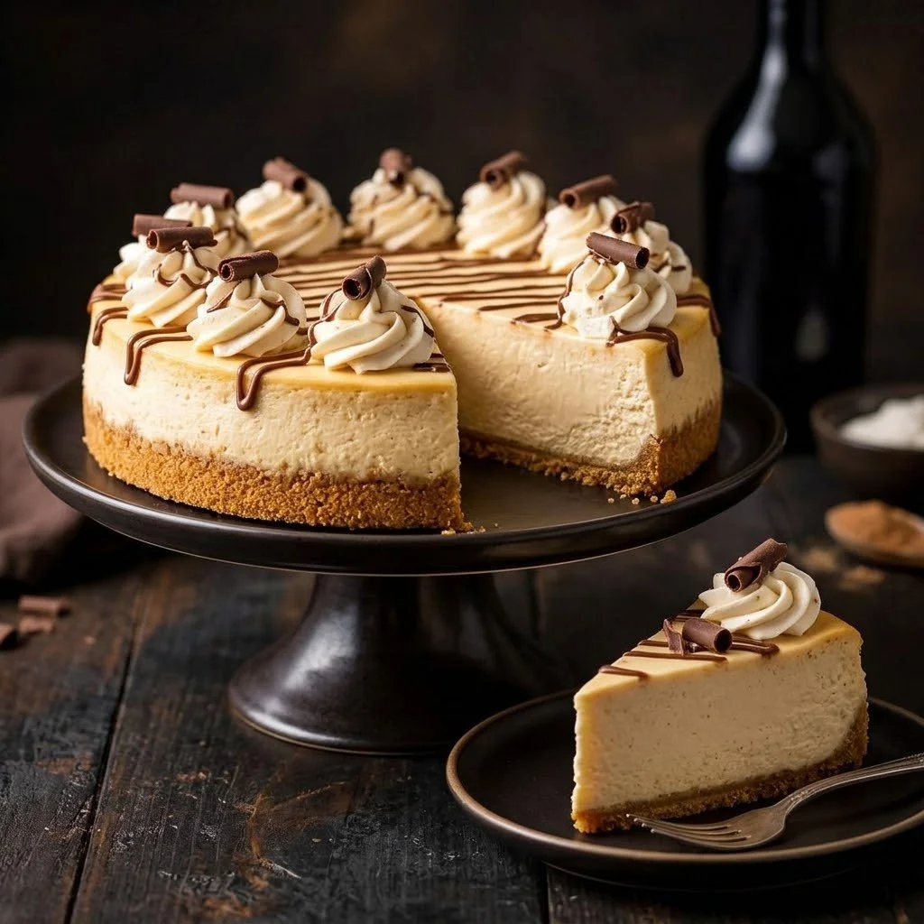 Delicious Baileys Irish Cream cheesecake topped with chocolate shavings