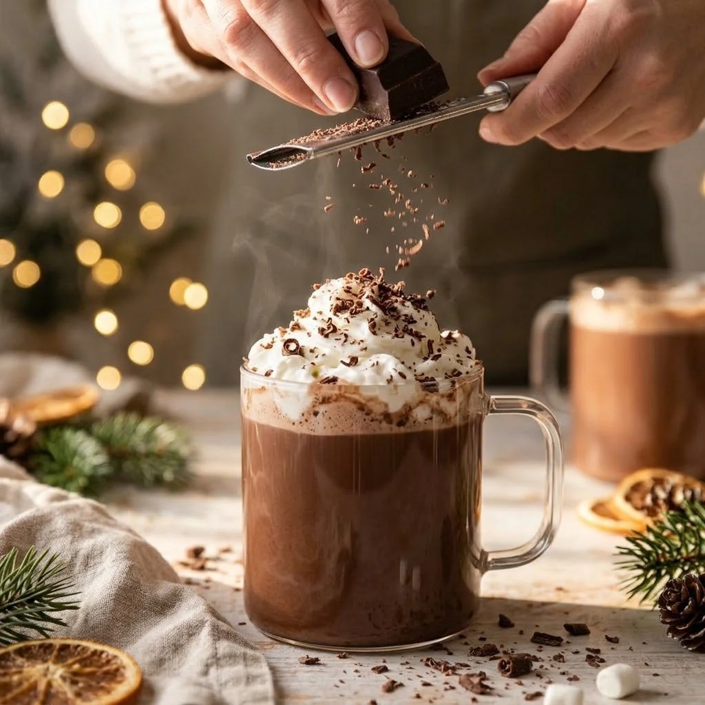 Delicious Baileys Irish Cream hot chocolate topped with whipped cream and chocolate shavings.