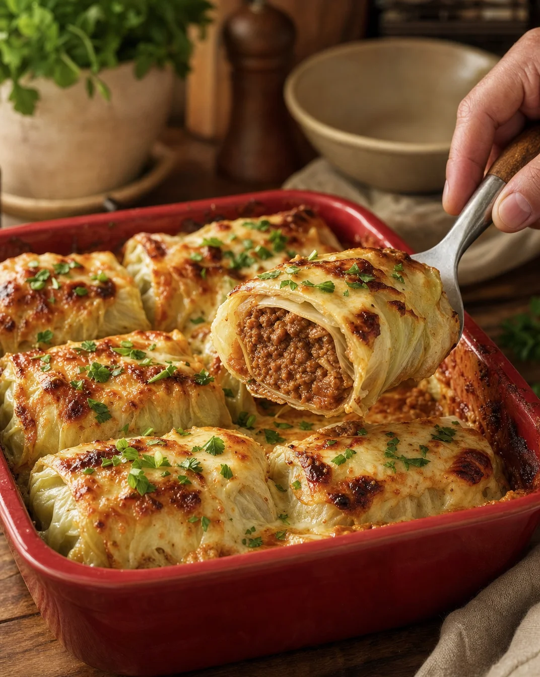 Cheesy ground beef stuffed cabbage rolls on a plate