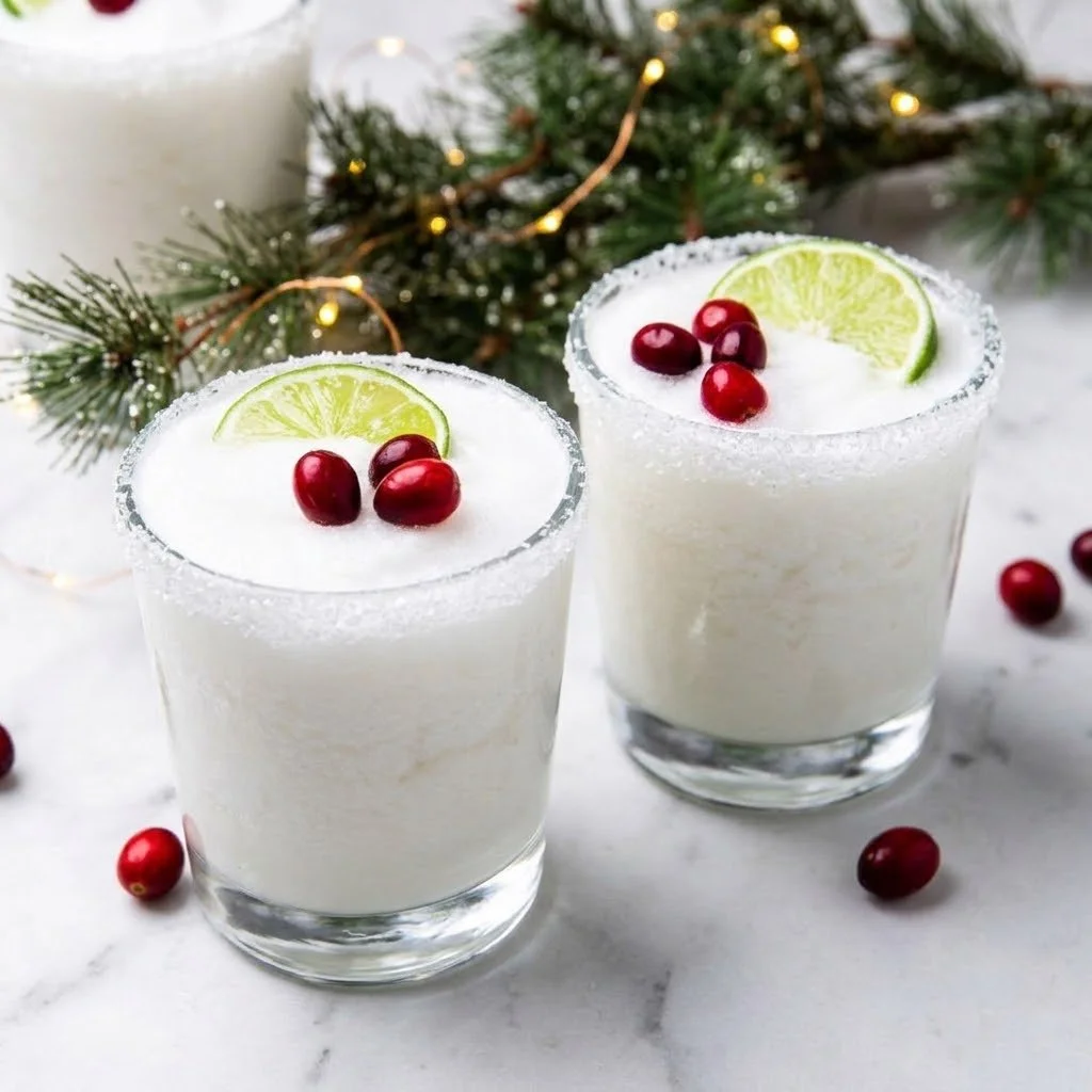 A festive Christmas Margarita cocktail garnished with lime and cranberries.