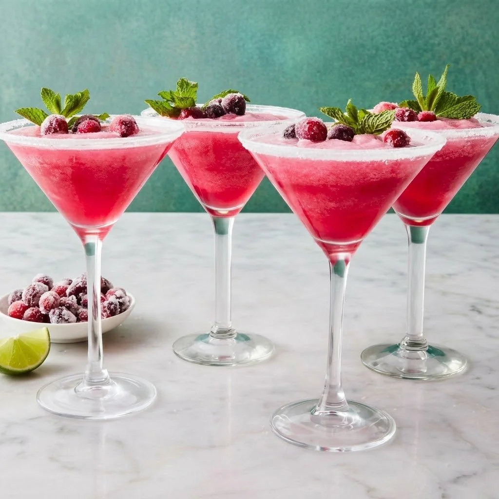A festive glass of mistletoe margaritas garnished with cranberries and mint leaves.