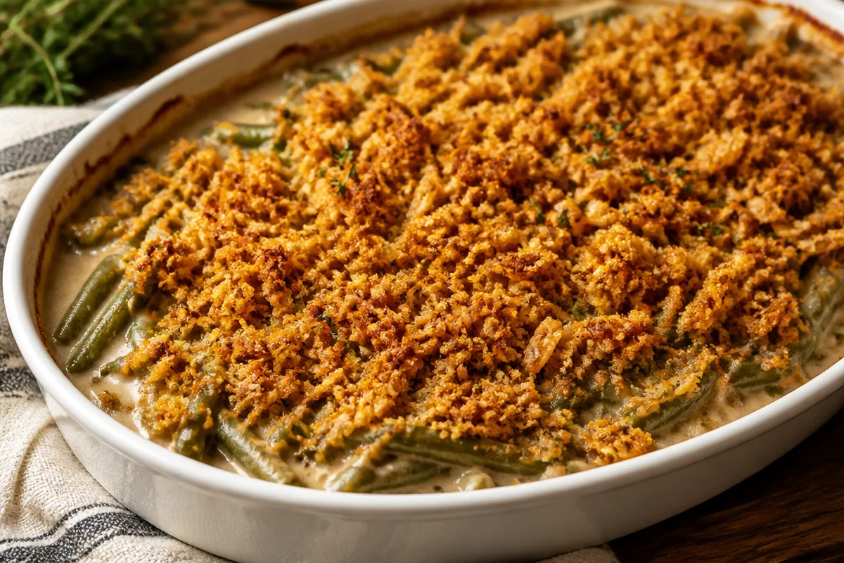 Delicious Southern green bean casserole ready for Thanksgiving dinner
