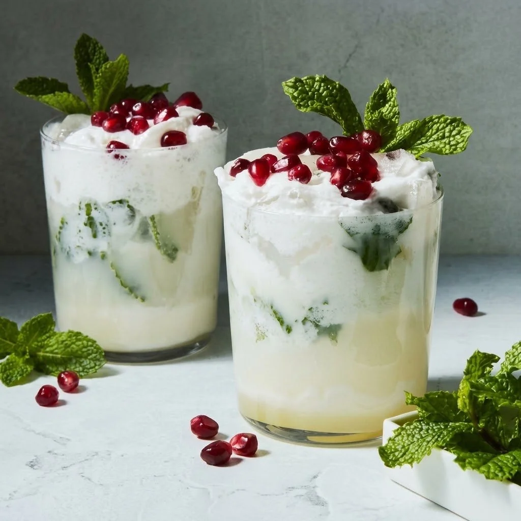 White Christmas Mojito cocktail garnished with mint and cranberries