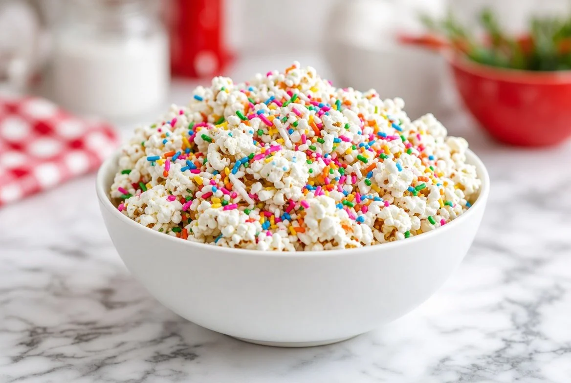 Delicious cake batter popcorn in a colorful bowl