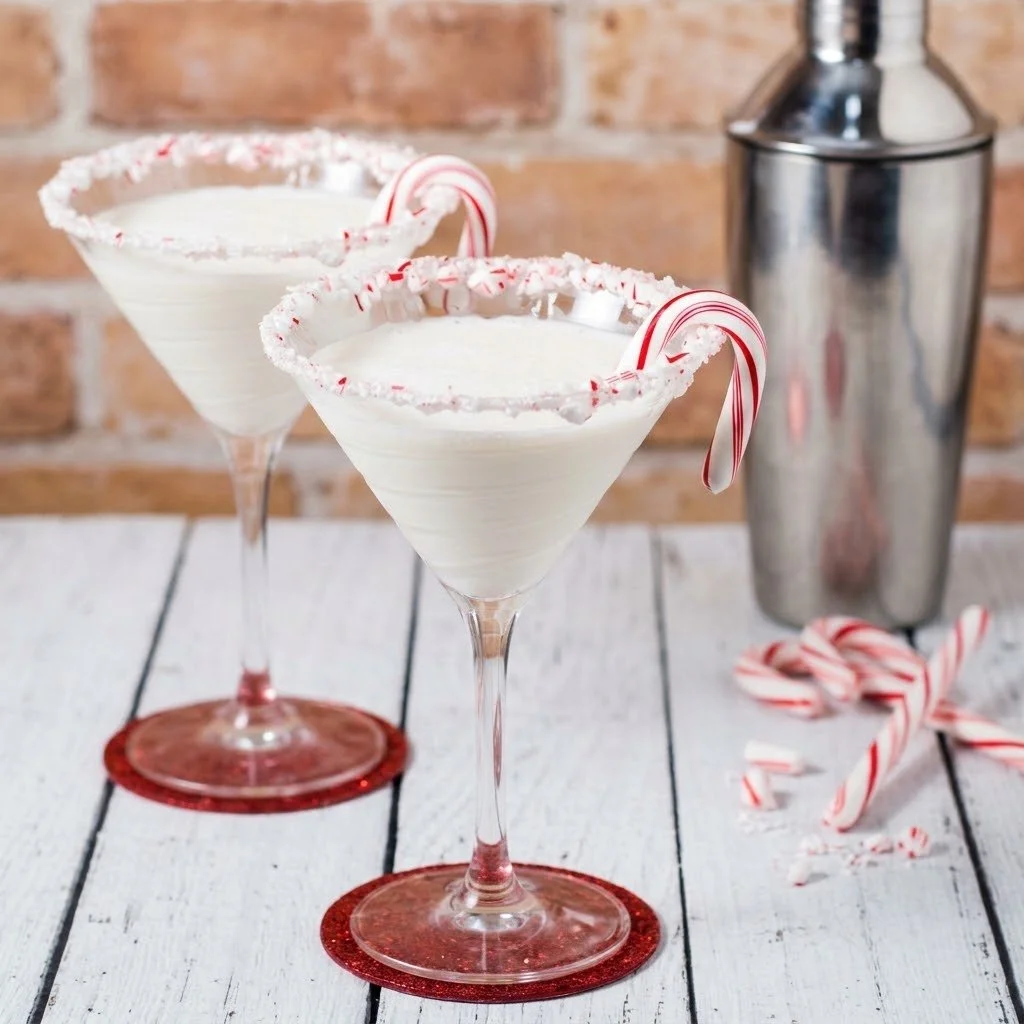 Delicious Candy Cane Martinis garnished with crushed candy canes and mint.
