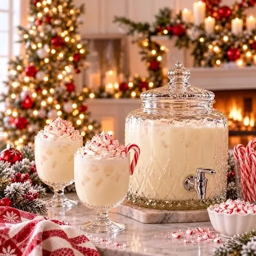 Delicious Candy Cane White Chocolate Punch served in a festive glass