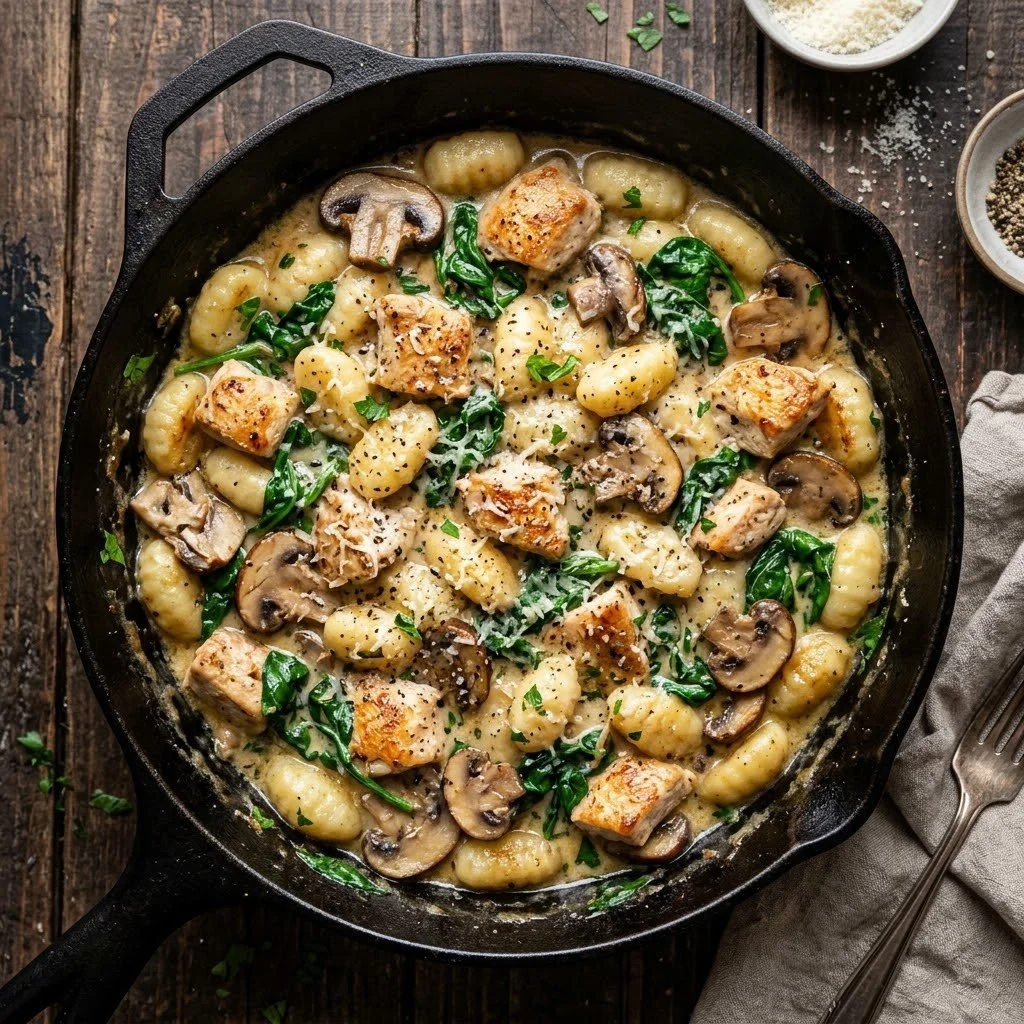 Chicken and Mushroom Gnocchi Skillet, a creamy and delicious dinner dish.