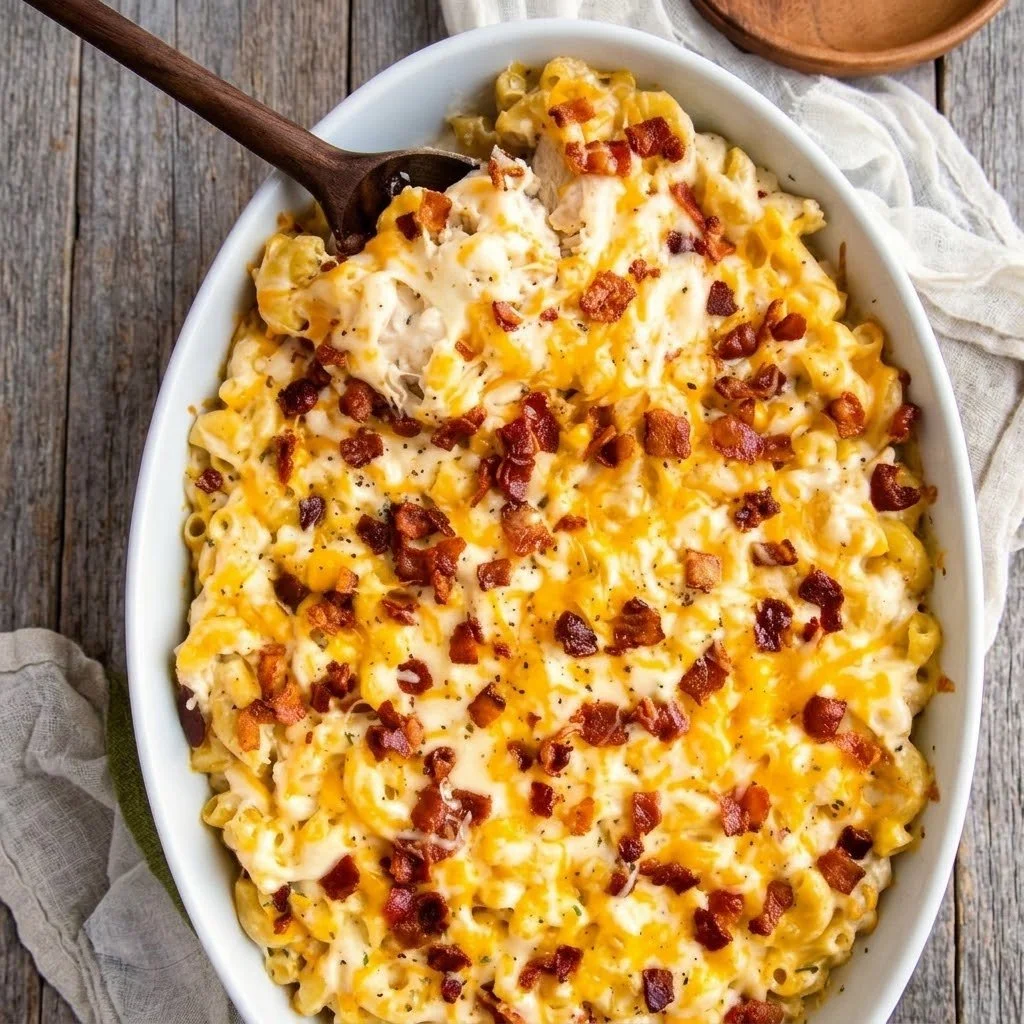 Delicious Chicken Bacon Ranch Mac and Cheese Casserole topped with crispy bacon