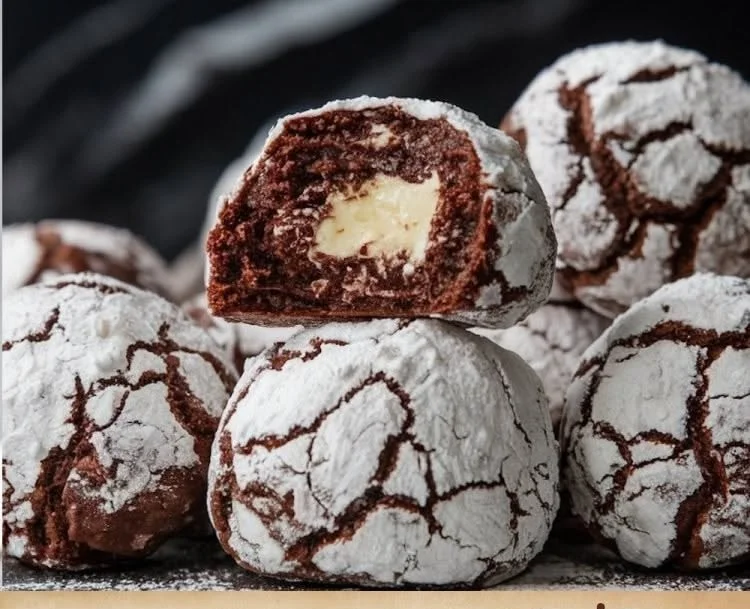 Chocolate Snowball Cookies with a white chocolate center cover in powdered sugar.