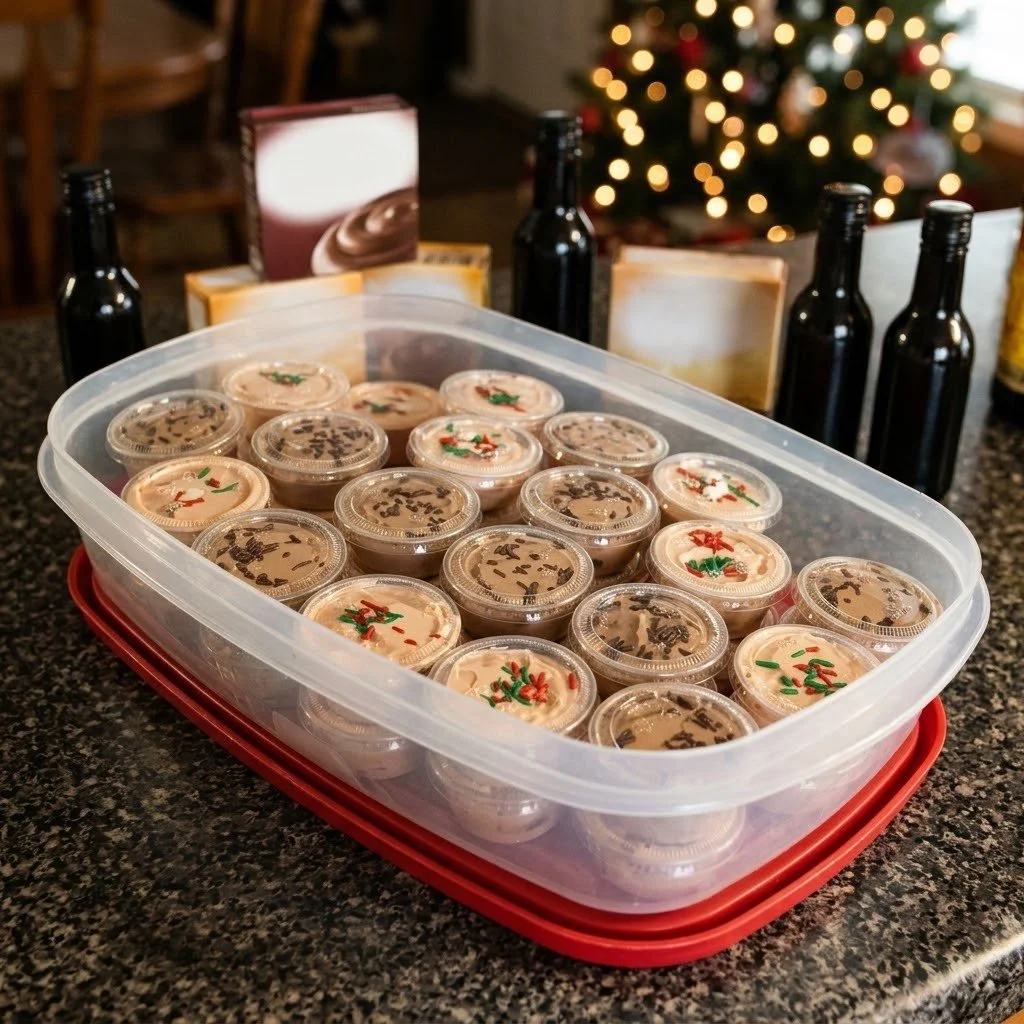 Christmas chocolate Kahlua and Baileys pudding shots served in festive cups