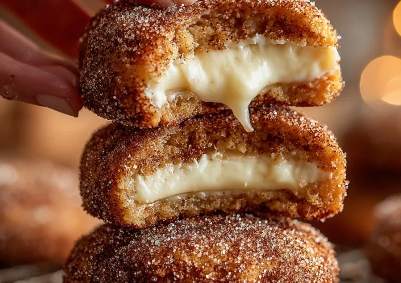 Churro Cheesecake Cookies drizzled with caramel and sprinkled with cinnamon sugar