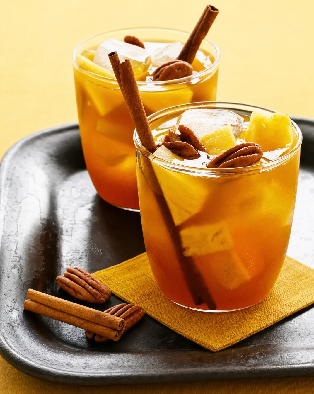 A vibrant bowl of Cinnamon Pumpkin Punch served with spices and pumpkin slices.