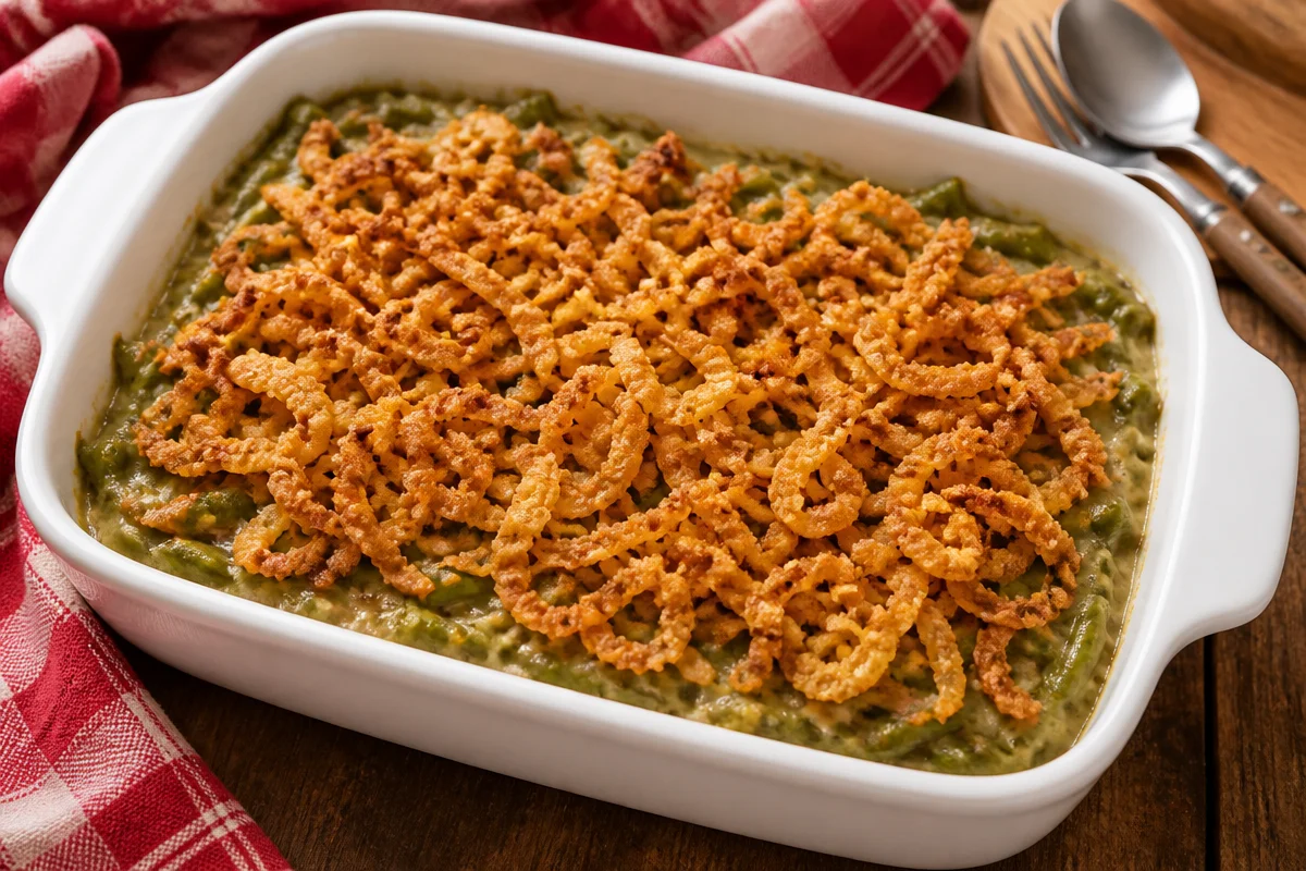 Classic green bean casserole served in a dish, perfect for holiday dinners