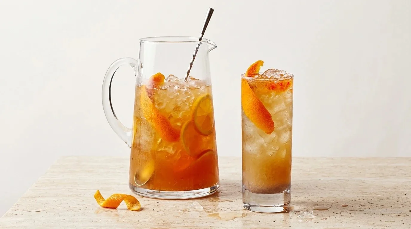 Cognac Punch Swizzle cocktail served in a festive glass with garnishes.