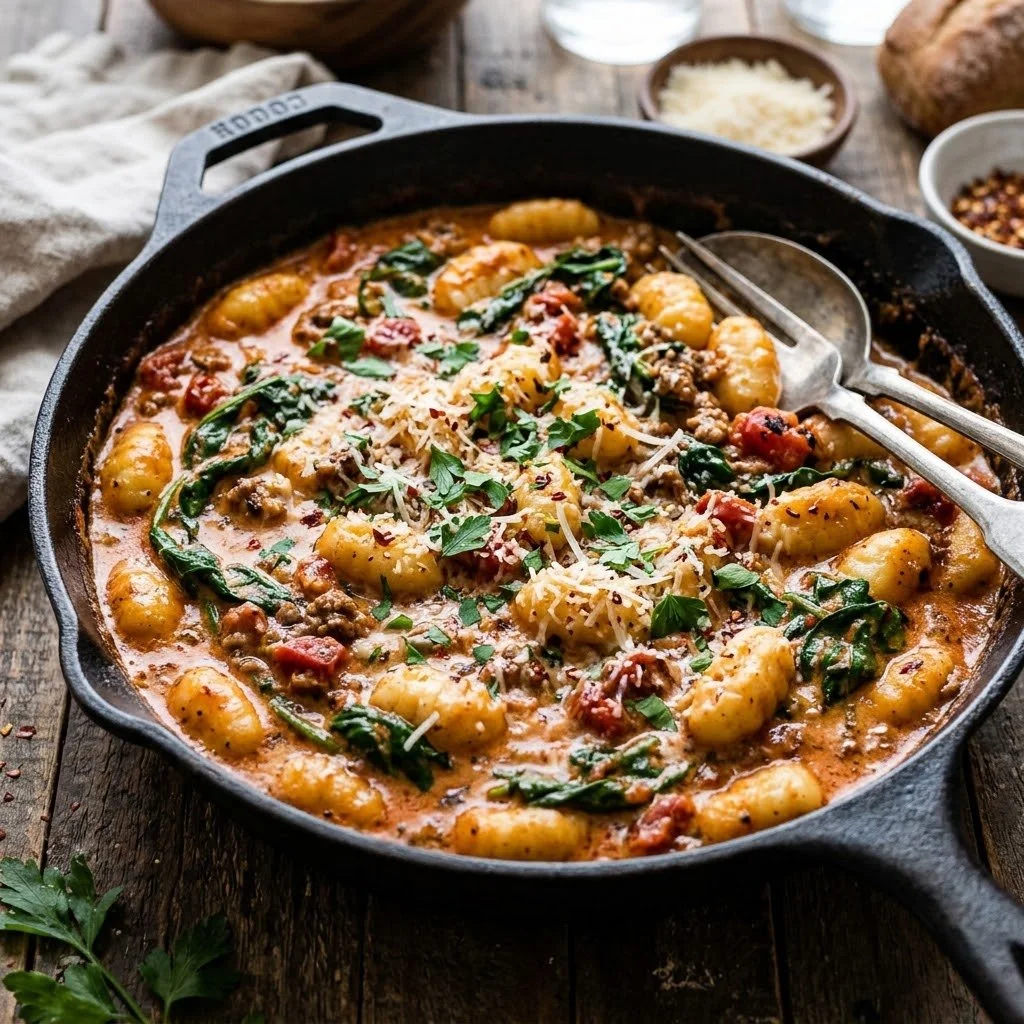 Creamy beef and gnocchi skillet dish served in a pan