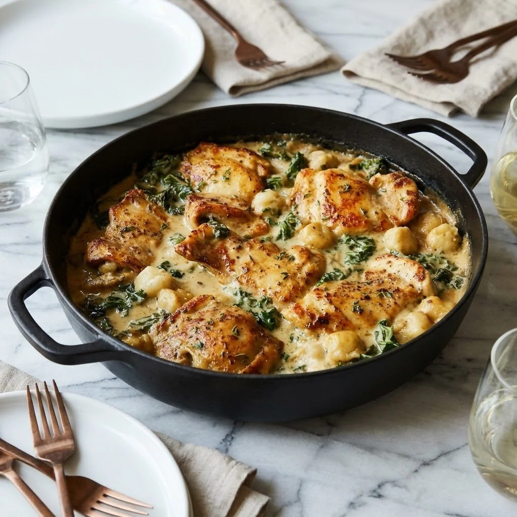 Creamy chicken gnocchi dish served in a bowl with fresh herbs