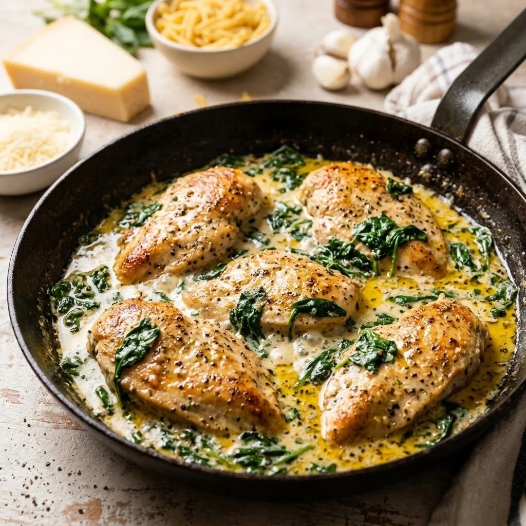 Creamy garlic parmesan chicken served on a plate with herbs and spices