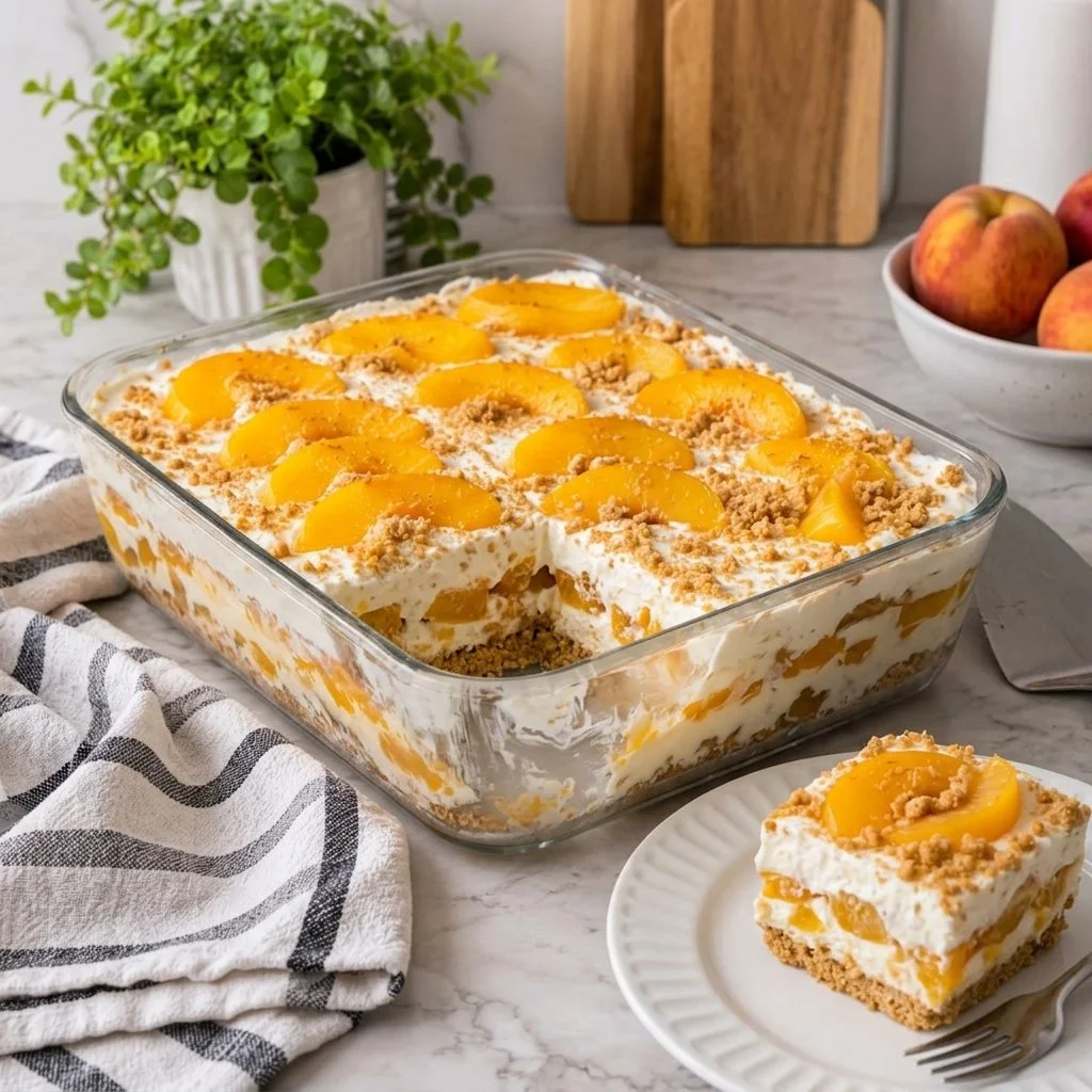 Creamy peach icebox dessert with fresh peaches and whipped cream
