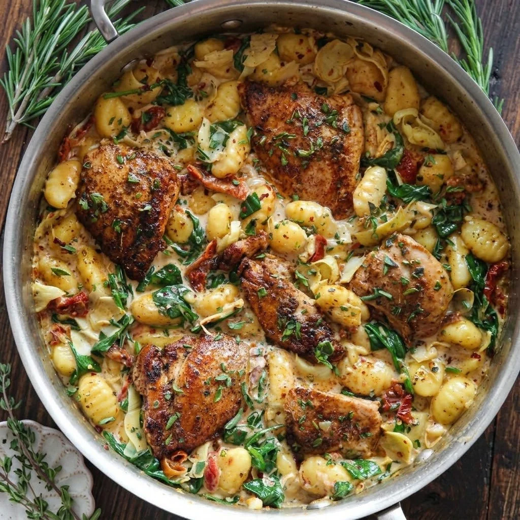 One-pan creamy Tuscan chicken with gnocchi ready in 30 minutes.