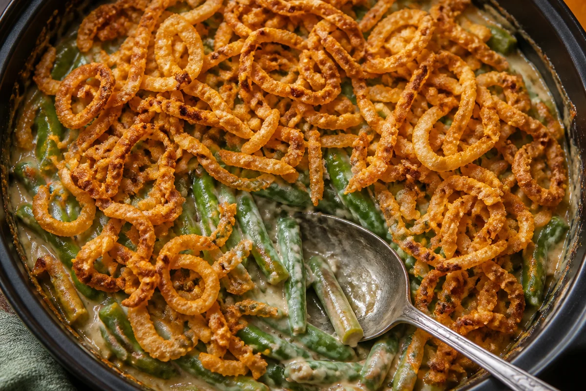 Creamy vegan green bean casserole ready to serve in a dish.