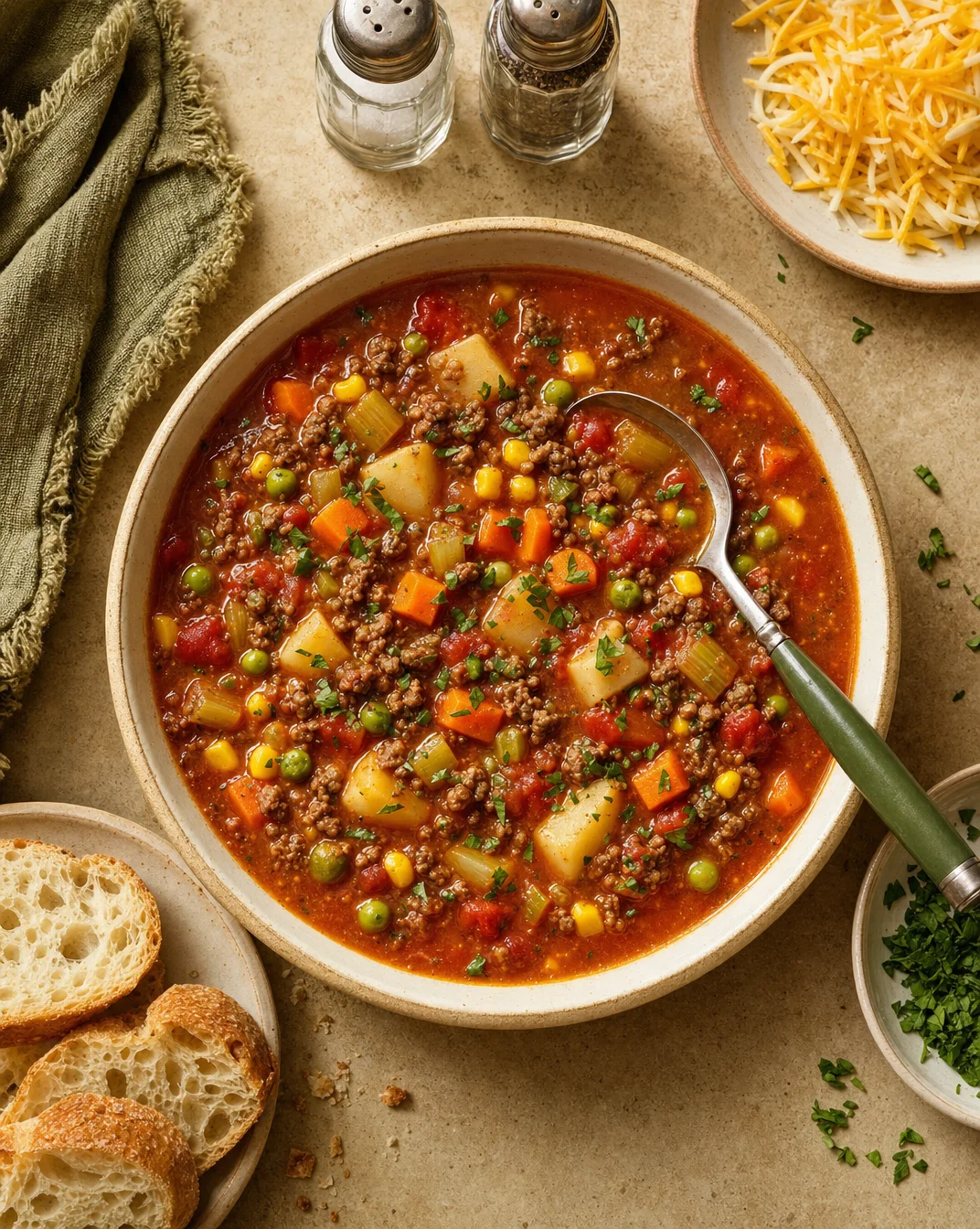 Crock Pot hamburger soup with vegetables and beef in a bowl