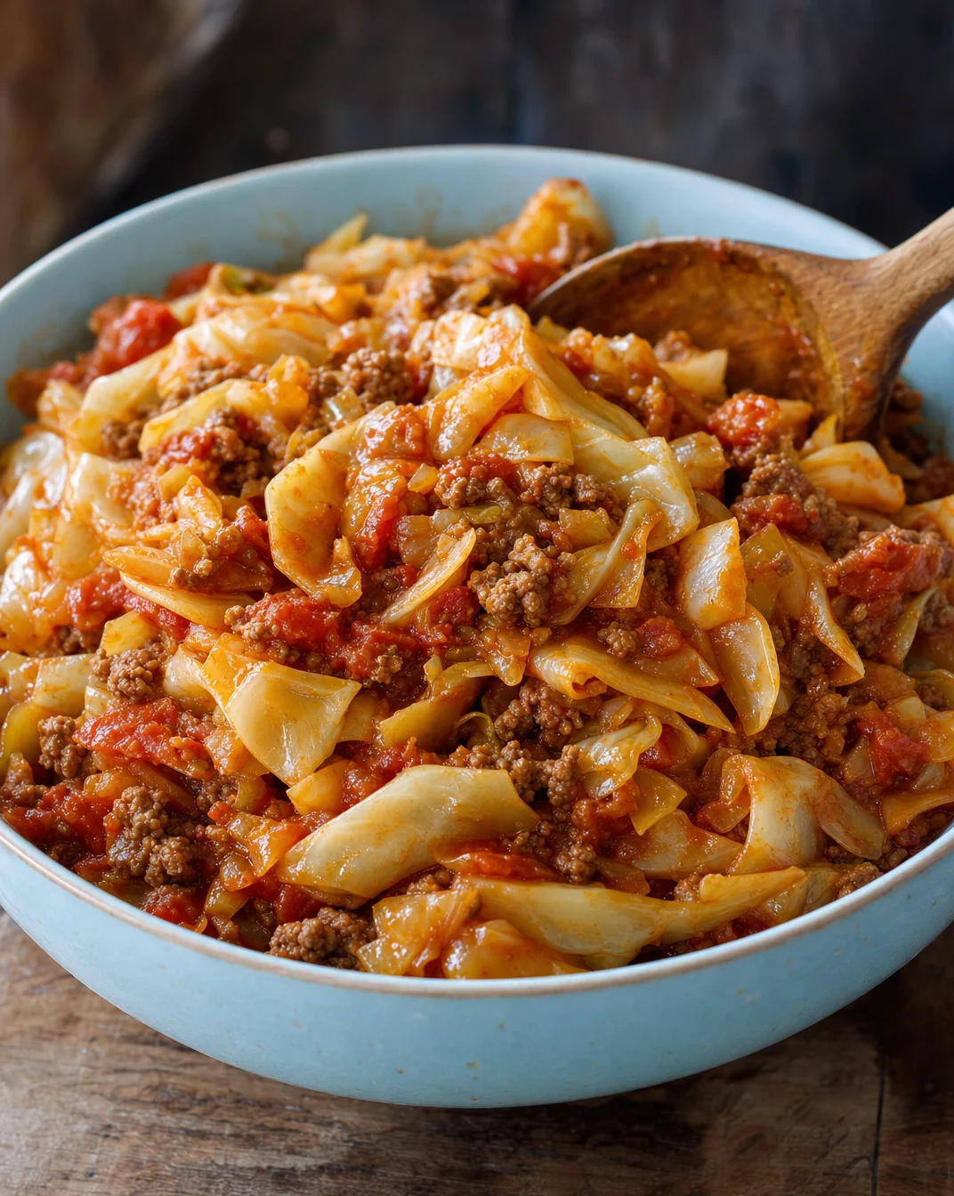 Crockpot Cabbage Roll Casserole topped with Turkey Bacon in a casserole dish.