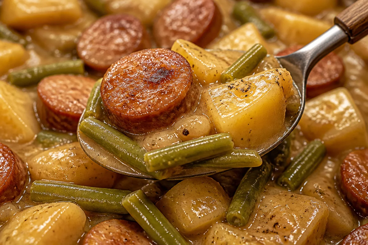 Crockpot kielbasa served with potatoes and green beans in a bowl