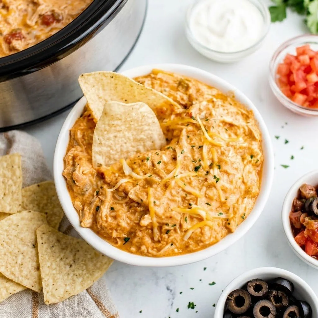 Crockpot Queso Chicken dish served with tortilla chips and garnished with cilantro.
