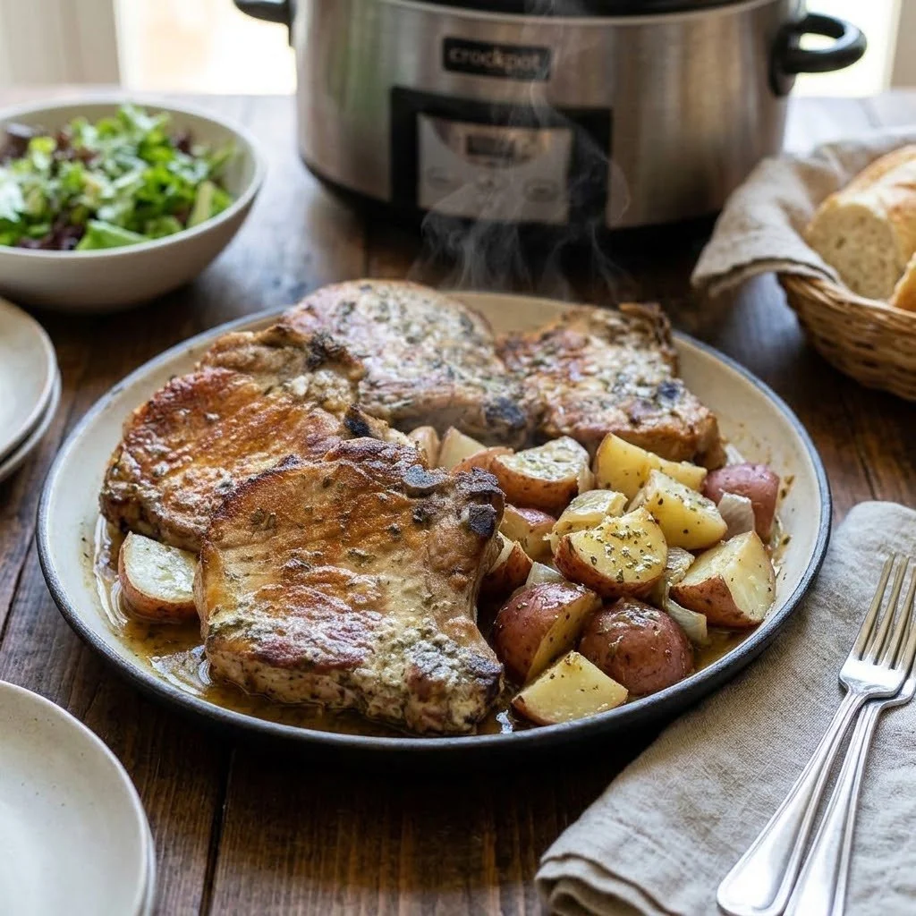 Crockpot Ranch Pork Chops with potatoes on a plate, ready to serve.
