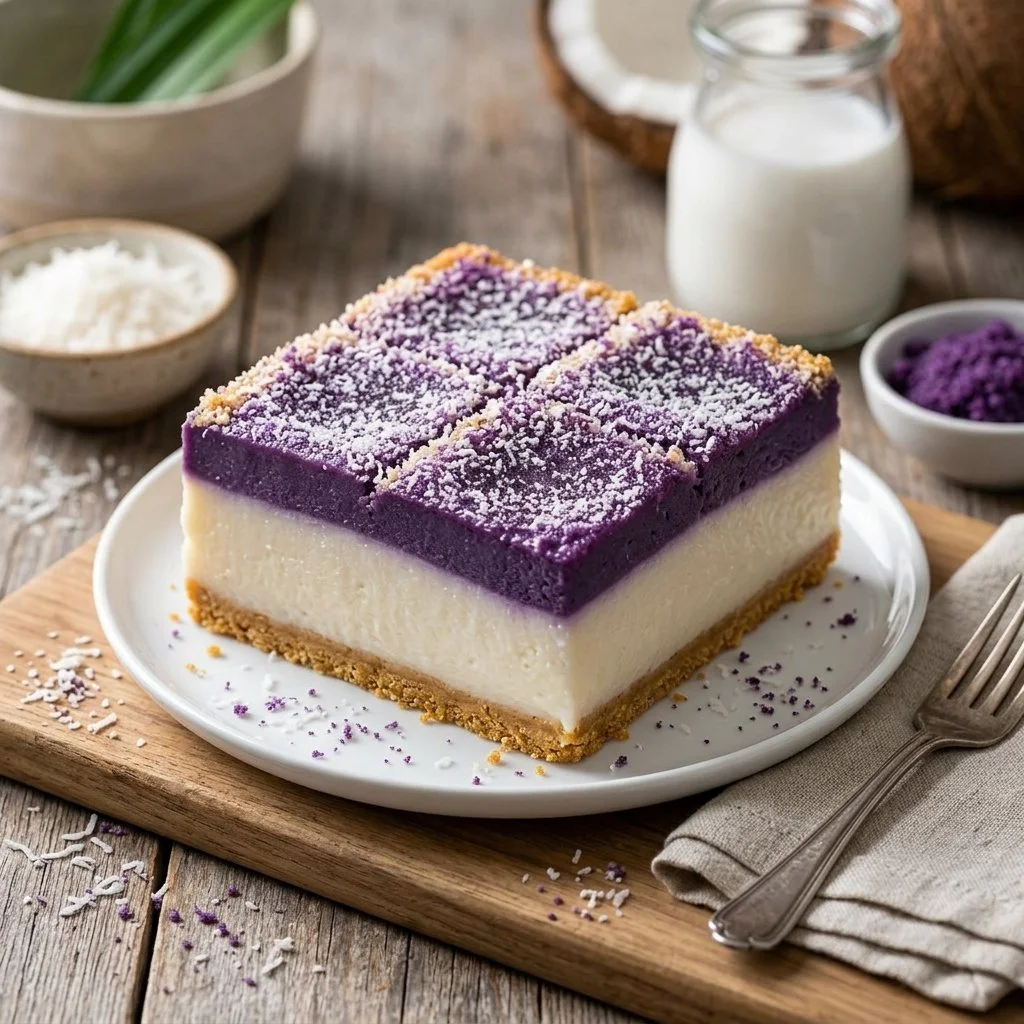 Ube coconut custard cake topped with creamy layers and vibrant purple color.