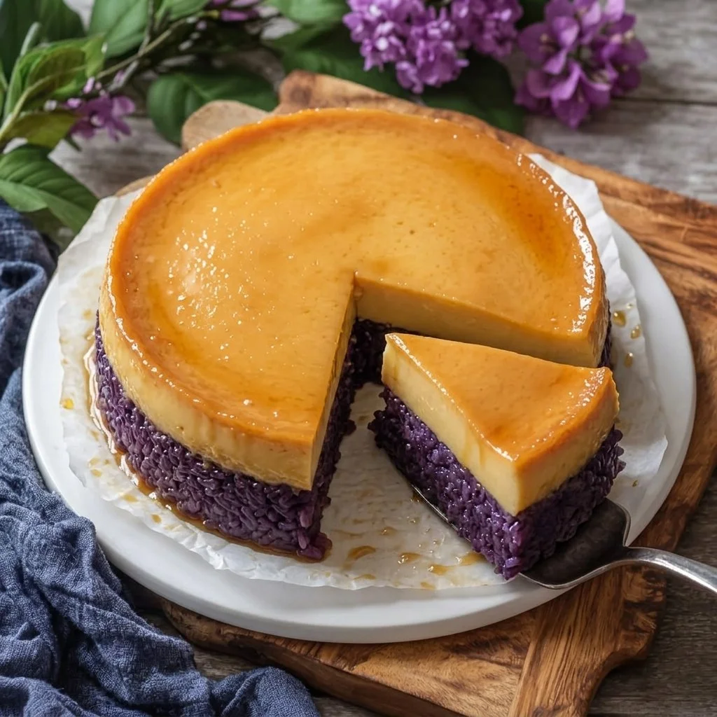 Creamy ube biko flan served on a plate with purple ube topping